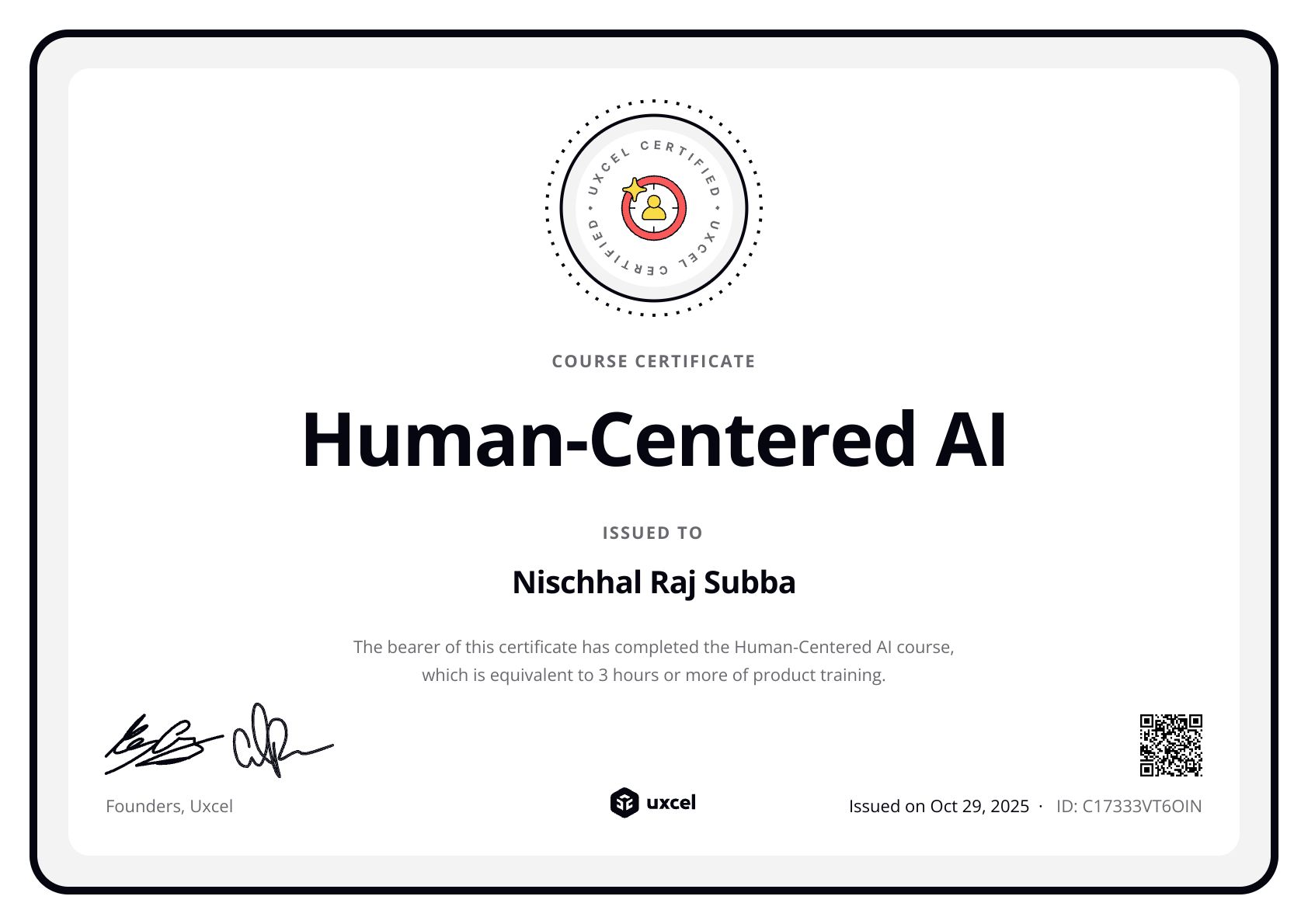 Nischhal Raj Subba's certificate